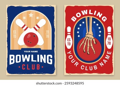 Bowling sports club stickers, logos, badges design. Vintage design with skeleton hand, bowling pins and ball silhouette. Vector.