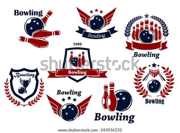 Bowling sports emblems\
and symbols with ball, ninepins, wings, laurel wreath, trophy cup\
and decorations