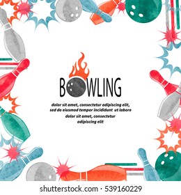 Bowling square border isolated on white for your design. Frame vector background with watercolor bowling balls and pins