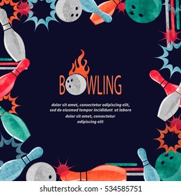 Bowling square border for your design. Frame vector background with bowling balls and pins. 