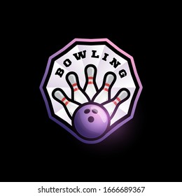 Bowling strike abstract shape vector logo. Modern professional Typography sport retro style vector emblem and template logotype design. Bowling purple logotype.