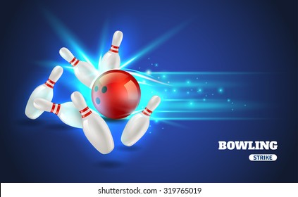 Bowling strike with ball and bowling pins on blue background realistic vector illustration 