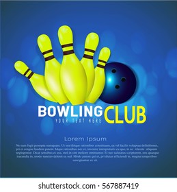 Bowling strike with ball and bowling pins on blue background realistic vector illustration.
