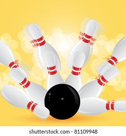 Bowling strike with blurred pins on an orange background