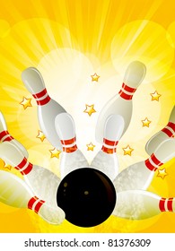 Bowling strike on a yellow starburst background with gold stars