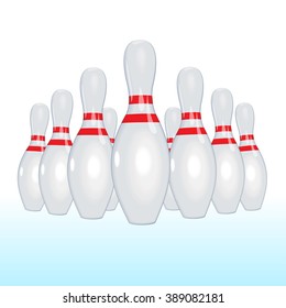 Bowling strike. Playing bowling. Skittles fly away. Red bowling ball.