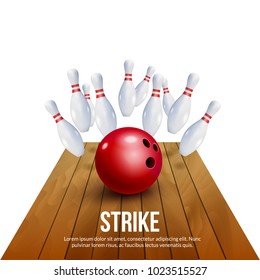 Bowling strike realistic illustration background. Fire bowl game leisure concept, Bowling club poster design