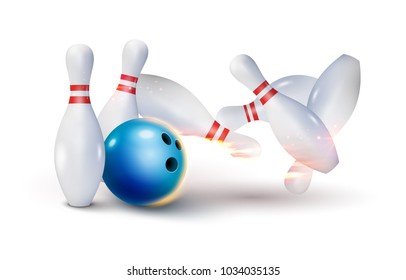 Bowling strike realistic illustration background. Fire bowl game leisure concept, Bowling club poster design