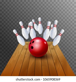 Bowling strike realistic illustration background. Bowl game leisure concept, Bowling club poster design