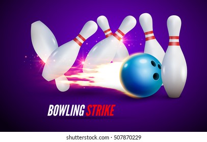 Bowling strike realistic illustration background. Fire bowl game leisure concept, Bowling club poster design