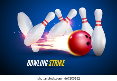 Bowling strike realistic illustration background. Fire bowl game leisure concept, Bowling club poster design