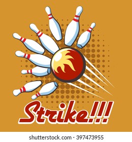 Bowling strike retro poster. Pop art label. Vector illustration