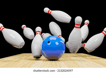 Bowling strike with skittles and a ball.Vector illustration.