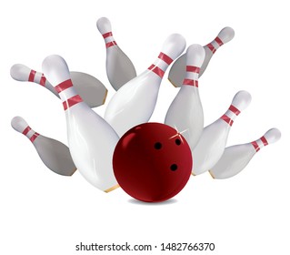 Bowling strike skittles with red bowling ball isolated on white background. Illustration art cartoon vector