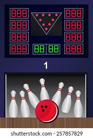 Bowling strike - vector illustration of bowling pins and bowling ball