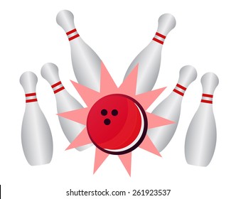 Bowling strike - vector bowling pins and ball isolated on white background