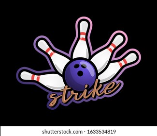 Bowling strike vector sport Typography sticker illustration in retro style. Vector design emblem, badge and sporty template logo design