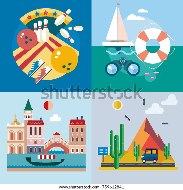 Bowling Strike. Yacht with white sails and red\
flag. Venice (Italy) city skyline. Business travel and tourism\
concept with old buildings. Road through the desert. Image for\
presentation, banner.