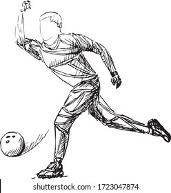 Bowling styled athlete, vector sketch, line, black