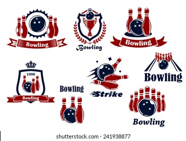 Bowling team or club emblems and icons with bowling balls, ninepins, alley, trophy, shields, banners, crowns, wreath and captions Bowling, Strike in dark blue and red colors