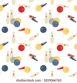 Bowling team game signs seamless vector pattern. Bowling ball, pin, shoes cartoon design element. Sport club advertisement template. Fashion textile print, paper wrapping, web background illustration