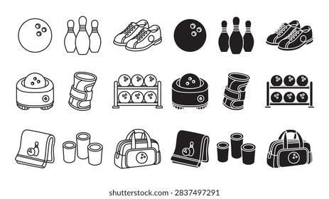 Bowling and tenpin equipment outline and solid icon set including balls, pins, shoes, bags, racks, and accessories for sports, leisure and entertainment
