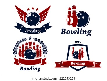 Bowling themed emblems and icons in red and navy blue with ball, ninepins, laurel wreath, wings, ribbons and text for leisure or sports design