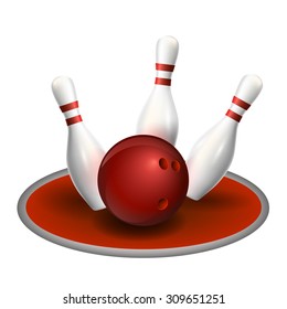 Bowling three pins and red ball. Vector illustration. Strike bowling.