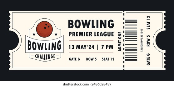 Bowling torn-off ticket template. Vector illustration of entrance ticket for bowling day. Modern linear badge design with ball. Editable stroke.