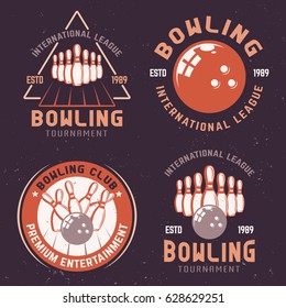 Bowling tournament colored emblems, labels or logos set of vector design elements