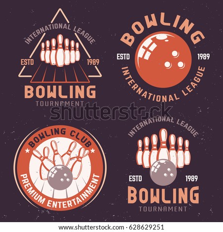 Bowling tournament colored emblems, labels or logos set of vector design elements