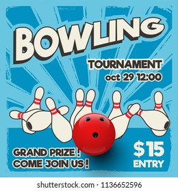 Bowling tournament design template. Vector realistic bowling strike on pop art background.