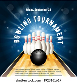 Bowling tournament flyer template with bowling court, skittles and ball, vector