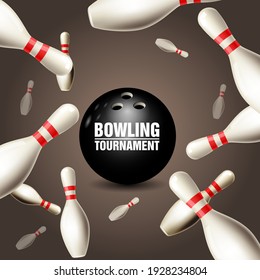 Bowling tournament invitation card, frame of floating bowling skittles and ball, vector