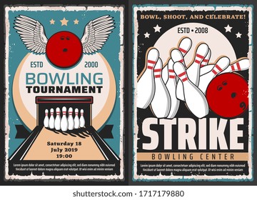 Bowling tournament, leisure and entertainment sport center, vector vintage posters. Bowling ball with with and skittle pins in strike on lane, premium quality stars club