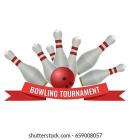 Bowling tournament logo design of strike made by ten-pin ball