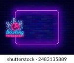 Bowling tournament neon advertising. Empty purple frame and strike symbol with pins and ball. Funny sport competition. Light greeting card. Copy space. Editable stroke. Vector stock illustration