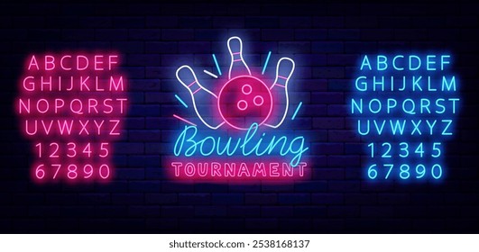 Etiqueta de neón del torneo de bolos con bola y alfileres. Golpe ganando. Cartel divertido del deporte en la pared del ladrillo. Alfabeto rosa y azul brillante. Insignia de luz. Edición de texto. Vector ilustración de stock