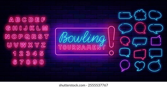 Bowling tournament neon label with pins. Strike winning. Sport tournament sign on brick wall. Vector stock illustration