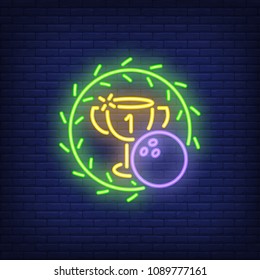 Bowling tournament. Neon sign with ball, cup and green wreath. Night bright advertisement. Vector illustration for bowling club, sport bar