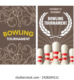 Bowling tournament party flyer with skittles and bowling balls, vector