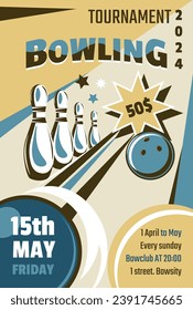 Bowling tournament for players and professionals. Flyer or card, invitation with date and place of event. Game entertainment and sports activity. Poster or advertisement banner, vector in flat style