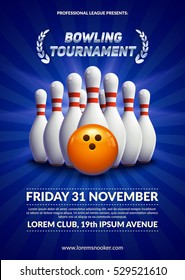Bowling tournament poster. 3d ball and skittles composition. Eps10 vector template.