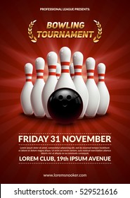 Bowling tournament poster. 3d ball and skittles composition. Eps10 vector template.