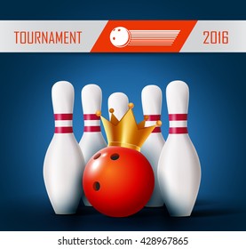 Bowling tournament poster with ball and bowling pins.