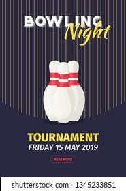 Bowling Tournament Poster Ball and Skittles Composition Vector Illustration Template. Sport Championship Battle Card. Play Bowling Party Competition.