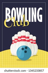 Bowling Tournament Poster Ball and Skittles Composition Vector Illustration Template. Sport Championship Battle Card. Play Bowling Party Competition.