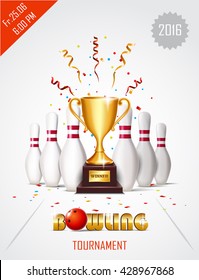Bowling tournament poster with ball, winner cup and bowling pins.