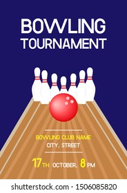 Bowling tournament poster with bawling alley, white pins and red ball on the blue background. Printable invitation flyer layout with sample text for bowling club. Vector A4 scaled illustration