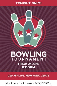 Bowling tournament poster with date and place text template. Sport game contest event invitation vector design with balls, skittle pins and stars